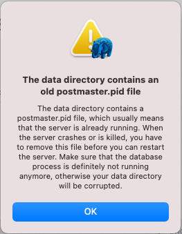 alt=“The data directory contains old postmaster.pid  file”