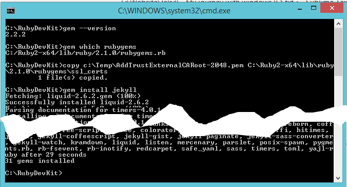 Alt “Install Jekyll command prompt screen”