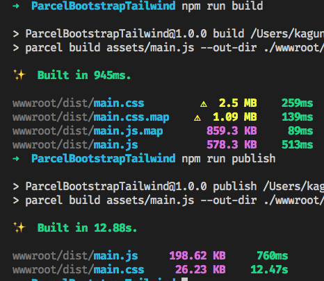 alt=“parcel build and publish test output”