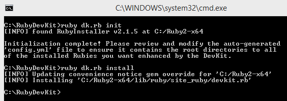 Alt &ldquo;Ruby and Ruby DevKit installation command window&rdquo;