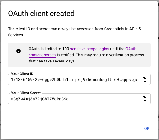alt=“youtube data api oauth client created”